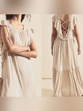 NEW Free People Beach Terrazo Oatmeal Maxi Dress Lace-Back Linen Blend NWOT